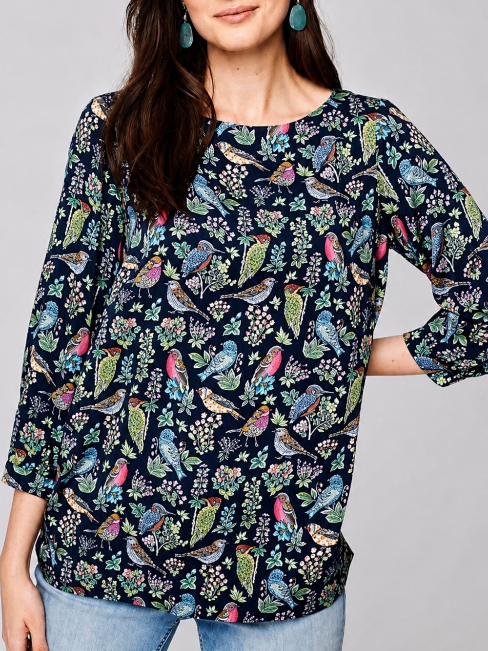 J. Jill Bird Print Pullover Blouse Nordic Scandi Boho Preppy Casual Size XS